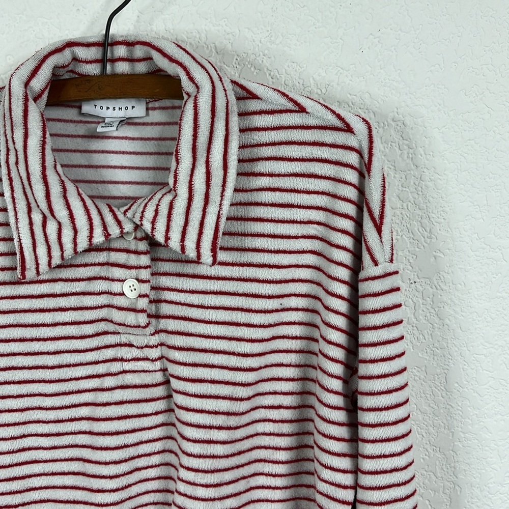 Topshop Terrycloth Stripe Button Up Polo in Red and White - Picture 3 of 8